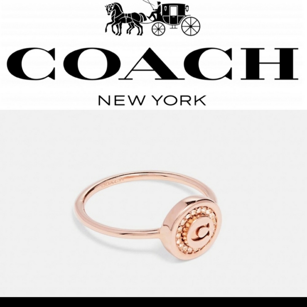 New Coach Gold Tone Rhinestone Sig. C Logo Pave Pendant Ring Size 6